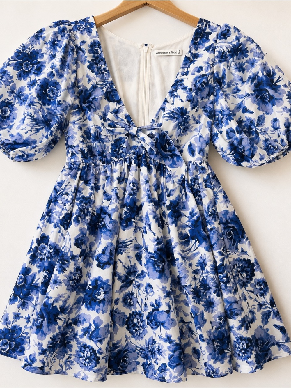 Abercrombie & Fitch Blue Floral Puff Sleeve Tie Front Mini Dress Size Small